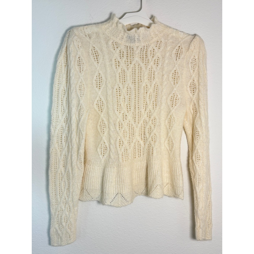 Express Cream Cable Knit Pointelle Ruffle Neck Peplum Sweater Ivory Medium